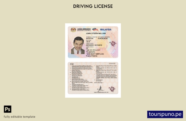 Plantilla de licencia de conducir de Malasia lista para imprimir